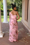 Women's Pink floral printed chiffon Saree Backview