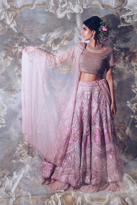 Pastel Pink Bridal Lehenga with Embroidery Blouse Size - M - Q by Sonia Baderia