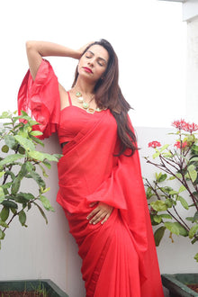 Hot Red Saree with Tube Blouse - Q by Sonia Baderia