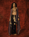 PRINTED VELVET DRAPE SKIRT SET WITH ANTIQUE GOLD HALTER BLOUSE