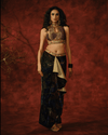 PRINTED VELVET DRAPE SKIRT SET WITH ANTIQUE GOLD HALTER BLOUSE