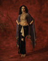 PRINTED VELVET DRAPE SKIRT SET WITH ANTIQUE GOLD HALTER BLOUSE