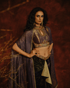 PRINTED VELVET DRAPE SKIRT SET WITH ANTIQUE GOLD HALTER BLOUSE