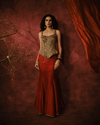 MAROON FISH-CUT SKIRT SET WITH MIRROR-EMBROIDERED AJRAKH CORSET