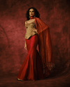 MAROON FISH-CUT SKIRT SET WITH MIRROR-EMBROIDERED AJRAKH CORSET