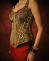 MAROON FISH-CUT SKIRT SET WITH MIRROR-EMBROIDERED AJRAKH CORSET