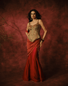 MAROON FISH-CUT SKIRT SET WITH MIRROR-EMBROIDERED AJRAKH CORSET