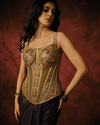 ANTIQUE GOLD JAALI-WORK CORSET SET WITH PRINTED DRAPE SKIRT