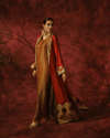 RUST LONG JACKET WITH VINTAGE BROCADE AND TISSUE APPLIQUÉ