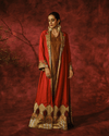 RUST LONG JACKET WITH VINTAGE BROCADE AND TISSUE APPLIQUÉ