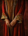 RUST LONG JACKET WITH VINTAGE BROCADE AND TISSUE APPLIQUÉ