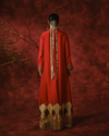 RUST LONG JACKET WITH VINTAGE BROCADE AND TISSUE APPLIQUÉ