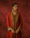 RUST LONG JACKET WITH VINTAGE BROCADE AND TISSUE APPLIQUÉ