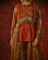 RUST IKAT PEPLUM KURTA SET WITH ANTIQUE GOLD SHARARA