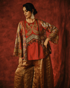 RUST IKAT PEPLUM KURTA SET WITH ANTIQUE GOLD SHARARA
