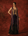 ANTIQUE GOLD AND PURPLE DRAPED JACKET SET WITH VELVET PANTS