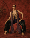 ANTIQUE GOLD AND PURPLE DRAPED JACKET SET WITH VELVET PANTS