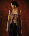 ANTIQUE GOLD AND PURPLE DRAPED JACKET SET WITH VELVET PANTS
