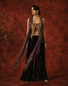 ANTIQUE GOLD AND PURPLE DRAPED JACKET SET WITH VELVET PANTS