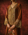 MOCHA IKAT DRESS WITH DABKA-ZARDOZI EMBROIDERY