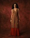 MOCHA AND ANTIQUE GOLD JACKET SET WITH MAROON SHARARA PANTS