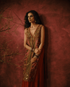 MOCHA AND ANTIQUE GOLD JACKET SET WITH MAROON SHARARA PANTS