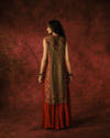 MOCHA AND ANTIQUE GOLD JACKET SET WITH MAROON SHARARA PANTS