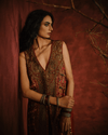 MOCHA AND ANTIQUE GOLD JACKET SET WITH MAROON SHARARA PANTS