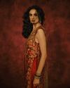 MOCHA AND ANTIQUE GOLD JACKET SET WITH MAROON SHARARA PANTS