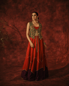 COLOUR-BLOCKED LEHENGA SET WITH GREEN VINTAGE BROCADE JACKET
