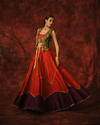 COLOUR-BLOCKED LEHENGA SET WITH GREEN VINTAGE BROCADE JACKET