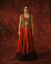COLOUR-BLOCKED LEHENGA SET WITH GREEN VINTAGE BROCADE JACKET