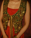 COLOUR-BLOCKED LEHENGA SET WITH GREEN VINTAGE BROCADE JACKET