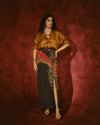 BLACK EMBELLISHED STRAIGHT SKIRT SET WITH MOCHA SATIN SHIRT