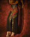 BLACK EMBELLISHED STRAIGHT SKIRT SET WITH MOCHA SATIN SHIRT