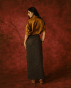BLACK EMBELLISHED STRAIGHT SKIRT SET WITH MOCHA SATIN SHIRT