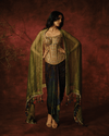 ANTIQUE GOLD JAALI-WORK CORSET SET WITH PRINTED DRAPE SKIRT