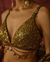 ANTIQUE GOLD RAW SILK BRALETTE WITH INTRICATE COIN WORK