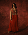 RUST MUL CHANDERI DRESS WITH EMBROIDERED CUTWORK CAPE