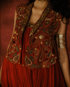RUST MUL CHANDERI DRESS WITH EMBROIDERED CUTWORK CAPE