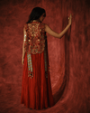 RUST MUL CHANDERI DRESS WITH EMBROIDERED CUTWORK CAPE