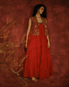 RUST MUL CHANDERI DRESS WITH EMBROIDERED CUTWORK CAPE