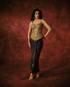 ANTIQUE GOLD JAALI-WORK CORSET SET WITH PRINTED DRAPE SKIRT