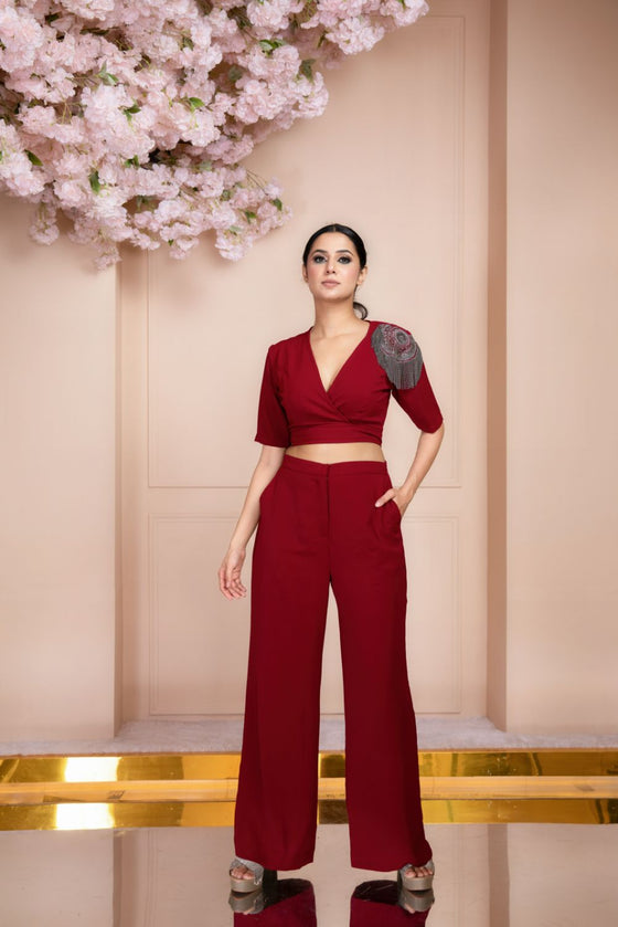 Maroon Crop Top with Falred Pant