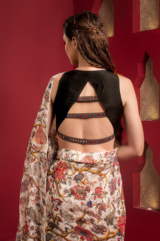 Printed Chiffon Saree with embroidered blouse Backview