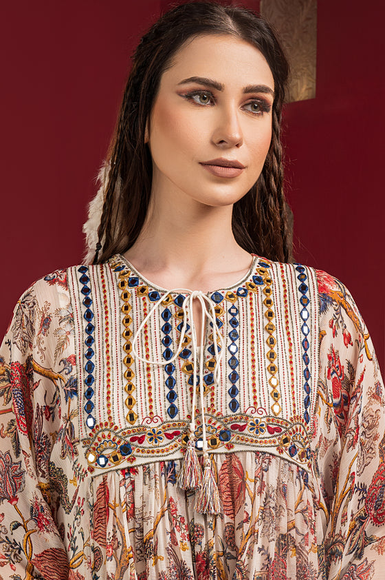 Printed chiffon Kaftan Top with mirror Embroidered Closeview