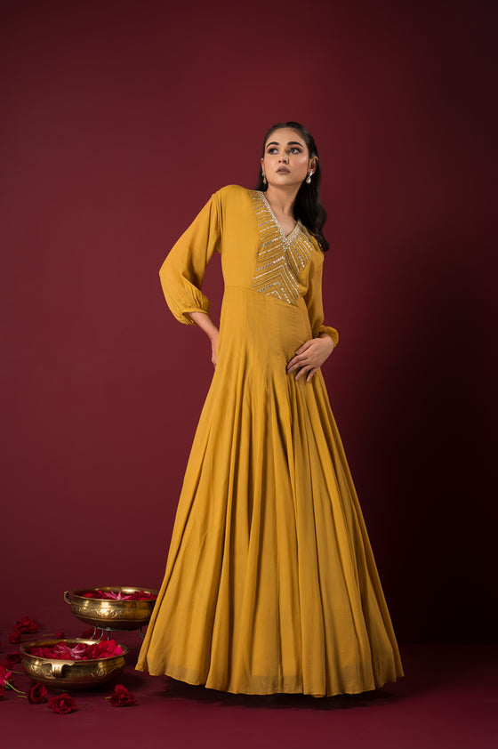 Buy Designer Yellow Embroidered Anarkali Dress | Q by Sonia