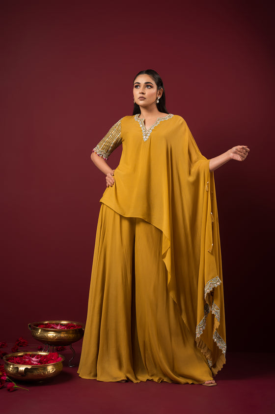 Shop Women's Yellow One Sleeve Drape Kurta Set | Q by Sonia