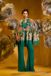 PRINTED EMBROIDERED CAPE AND FLARED PANT