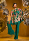 PRINTED EMBROIDERED CAPE AND FLARED PANT